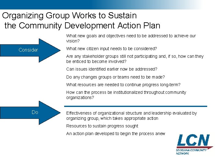 20 Organizing Group Works to Sustain the Community Development Action Plan What new goals 20 Organizing Group Works to Sustain the Community Development Action Plan What new goals