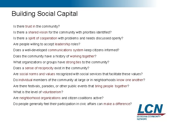 23 Building Social Capital Is there trust in the community? Is there a shared 23 Building Social Capital Is there trust in the community? Is there a shared