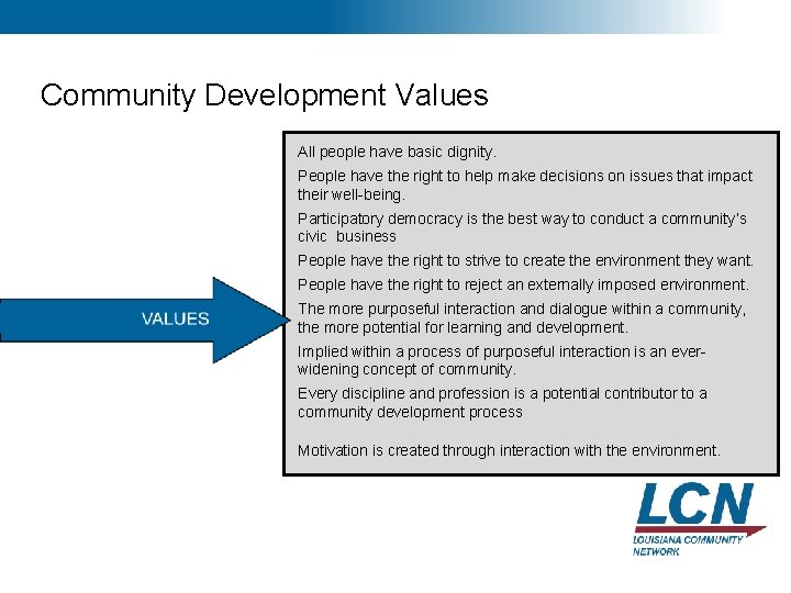 8 Community Development Values All people have basic dignity. People have the right to 8 Community Development Values All people have basic dignity. People have the right to