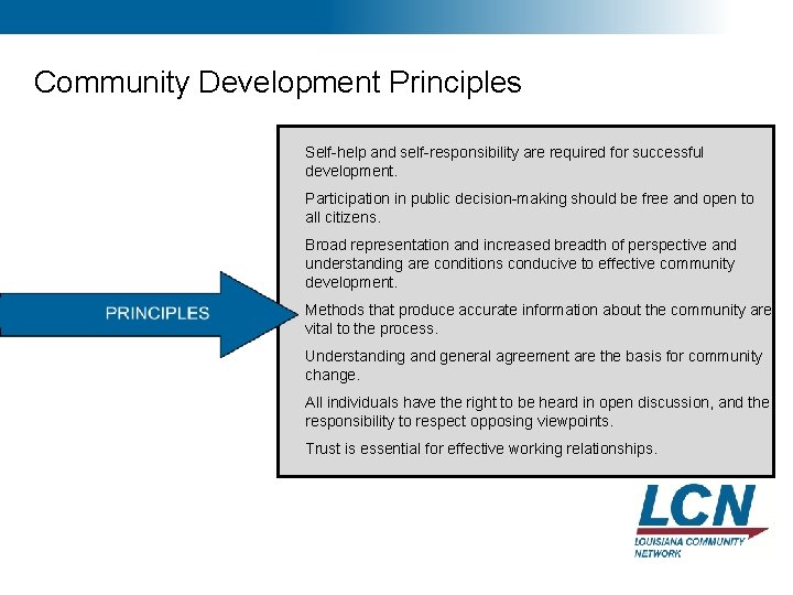 9 Community Development Principles Self-help and self-responsibility are required for successful development. Participation in 9 Community Development Principles Self-help and self-responsibility are required for successful development. Participation in