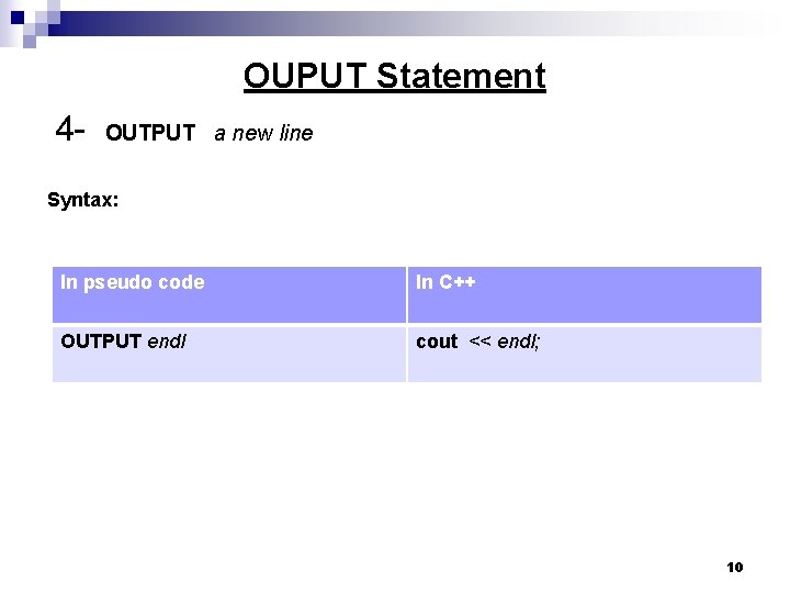 OUPUT Statement 4 - OUTPUT a new line Syntax: In pseudo code In C++