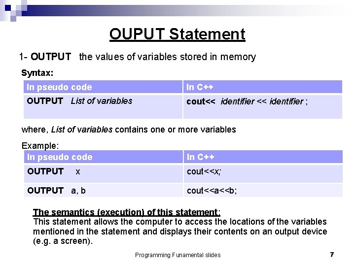 OUPUT Statement 1 - OUTPUT the values of variables stored in memory Syntax: In