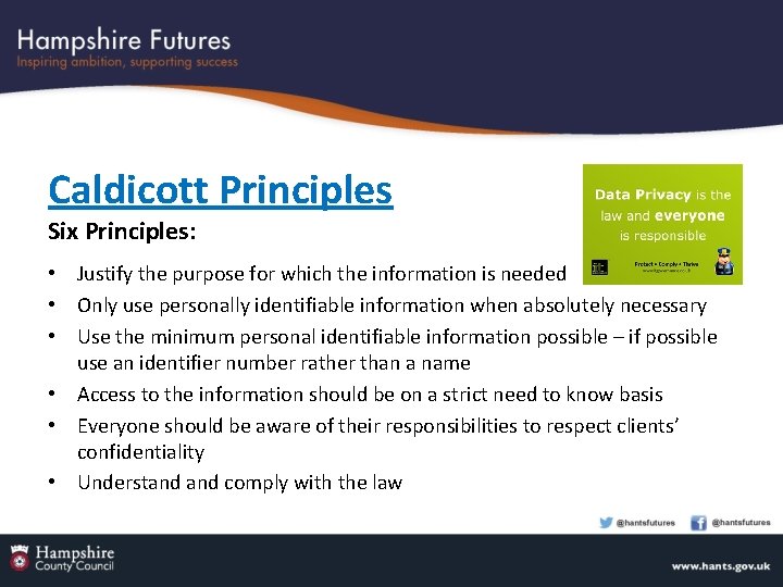 Caldicott Principles Six Principles: • Justify the purpose for which the information is needed