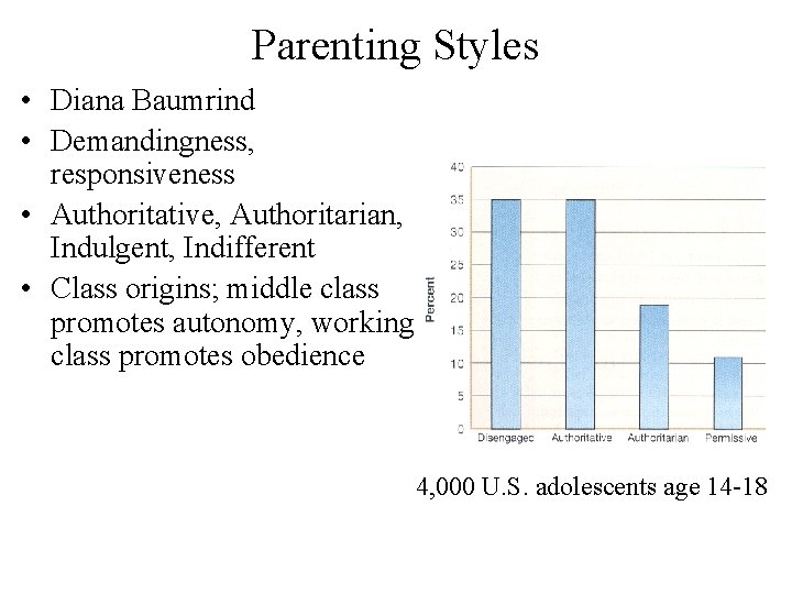 Parenting Styles • Diana Baumrind • Demandingness, responsiveness • Authoritative, Authoritarian, Indulgent, Indifferent •
