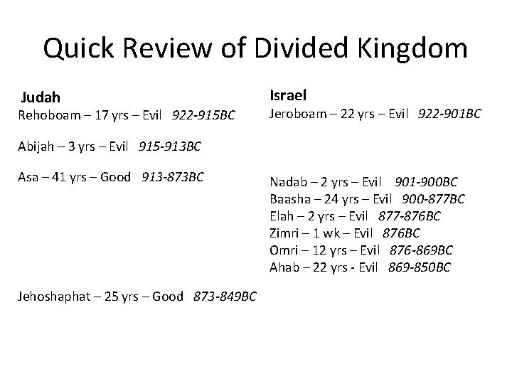 Quick Review of Divided Kingdom Judah Rehoboam – 17 yrs – Evil 922 -915