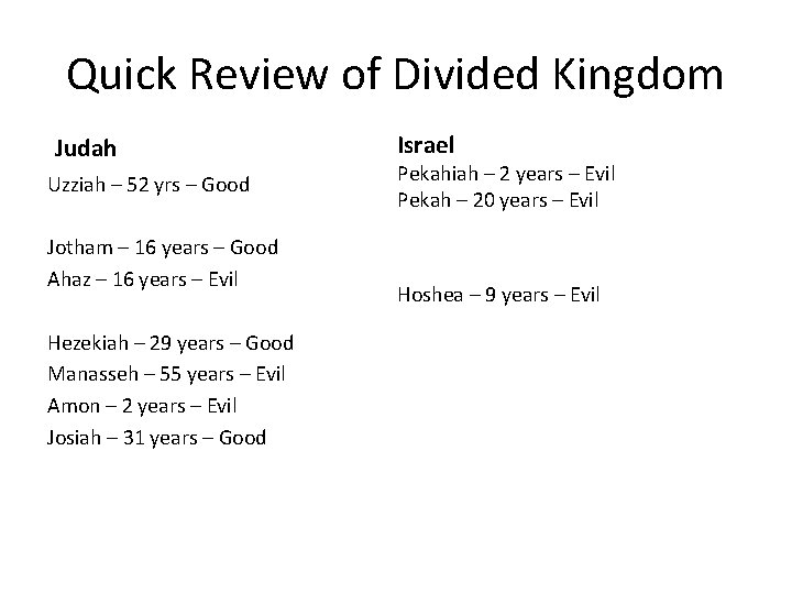 Quick Review of Divided Kingdom Judah Uzziah – 52 yrs – Good Jotham –