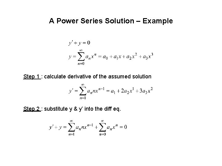 A Power Series Solution – Example Step 1 : calculate derivative of the assumed A Power Series Solution – Example Step 1 : calculate derivative of the assumed
