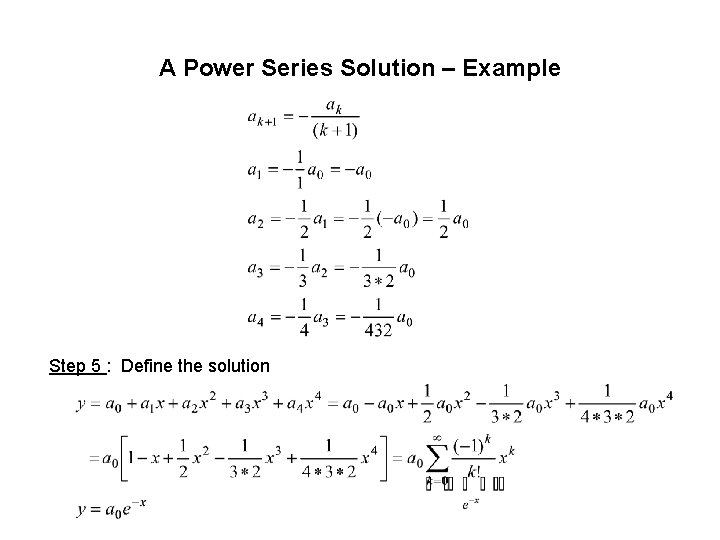 A Power Series Solution – Example Step 5 : Define the solution A Power Series Solution – Example Step 5 : Define the solution