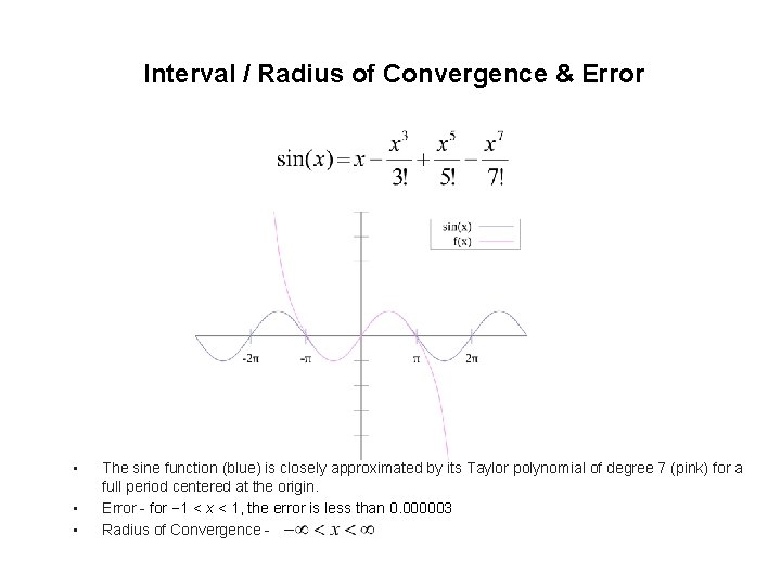 Interval / Radius of Convergence & Error • • • The sine function (blue) Interval / Radius of Convergence & Error • • • The sine function (blue)