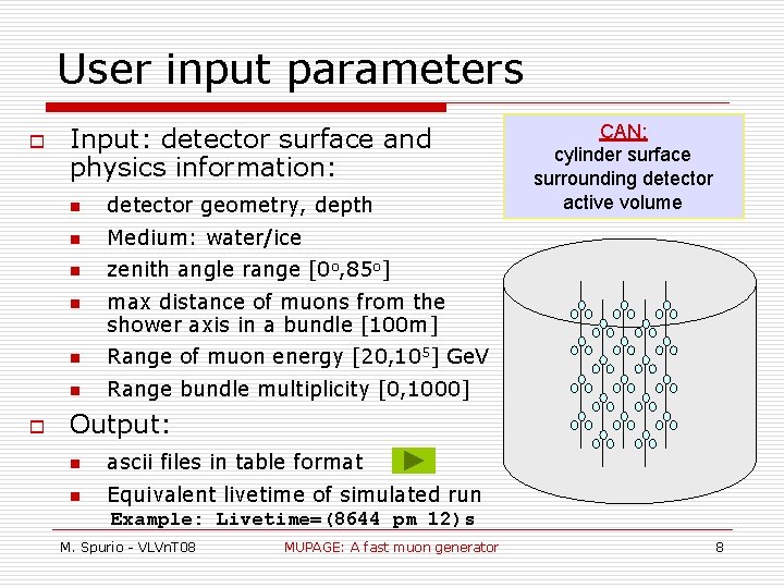 User input parameters o Input: detector surface and physics information: n detector geometry, depth