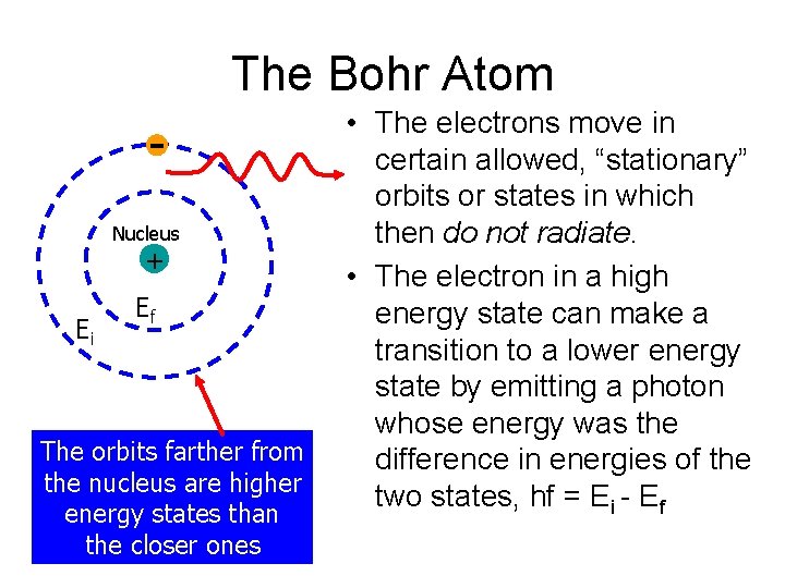 The Bohr Atom Nucleus + Ei Ef The orbits farther from the nucleus are