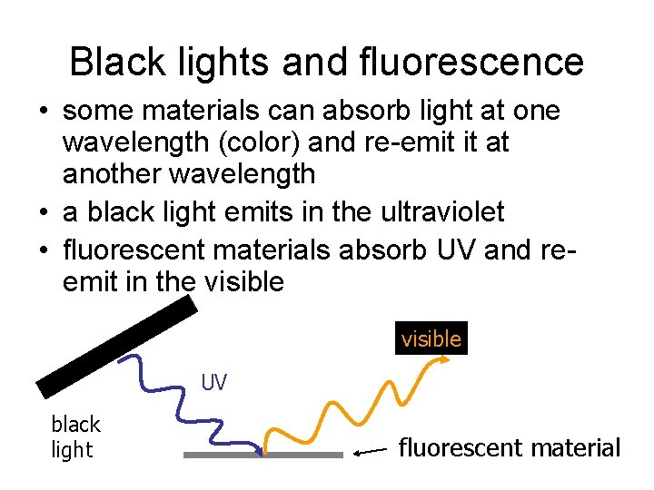 Black lights and fluorescence • some materials can absorb light at one wavelength (color)