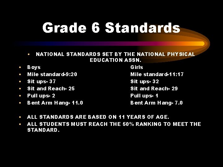 Grade 6 Standards • • • NATIONAL STANDARDS SET BY THE NATIONAL PHYSICAL EDUCATION