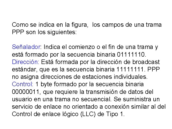 Como se indica en la figura, los campos de una trama PPP son los