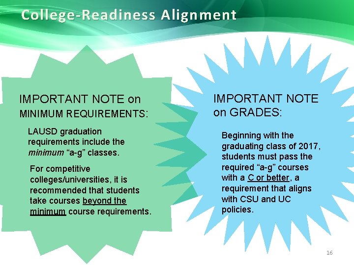 College-Readiness Alignment IMPORTANT NOTE on MINIMUM REQUIREMENTS: LAUSD graduation requirements include the minimum “a-g”