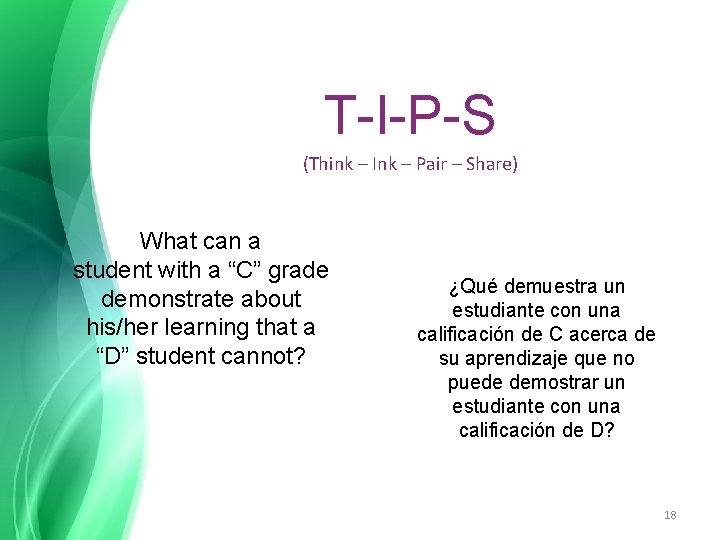 T-I-P-S (Think – Ink – Pair – Share) What can a student with a