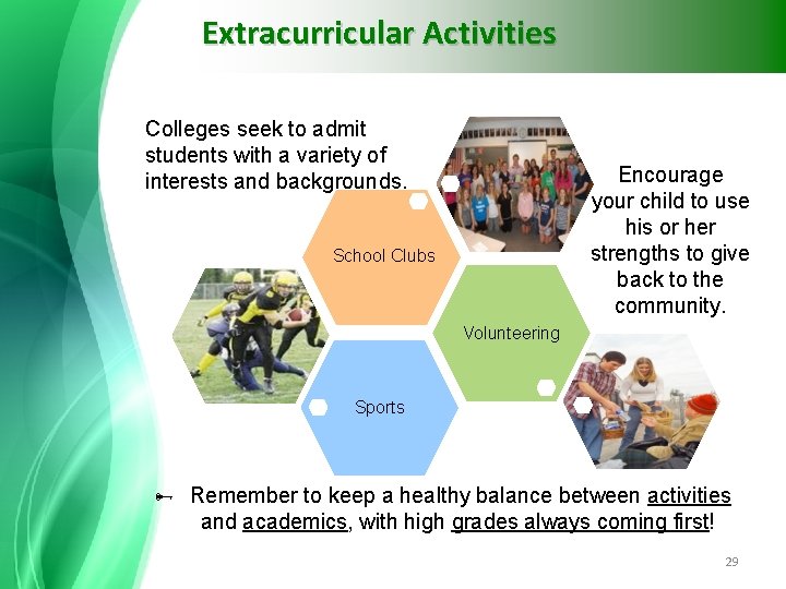 Extracurricular Activities Colleges seek to admit students with a variety of interests and backgrounds.