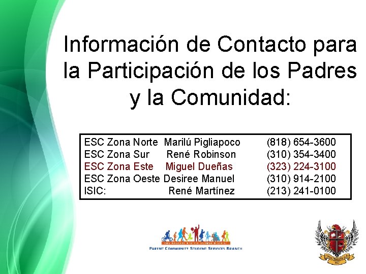 Información de Contacto para la Participación de los Padres y la Comunidad: ESC Zona