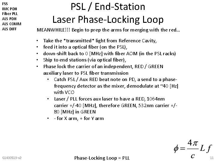 FSS IMC PDH Fiber PLL ALS PDH ALS COMM ALS DIFF PSL / End-Station