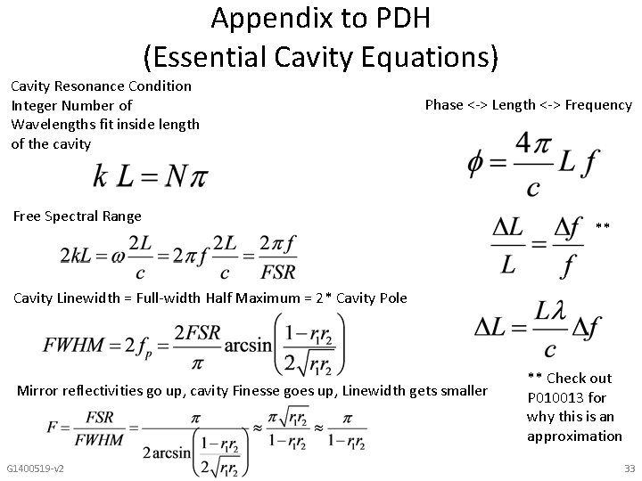 Appendix to PDH (Essential Cavity Equations) Cavity Resonance Condition Integer Number of Wavelengths fit