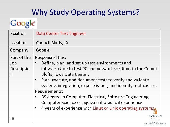 Why Study Operating Systems? Position Data Center Test Engineer Location Council Bluffs, IA Company
