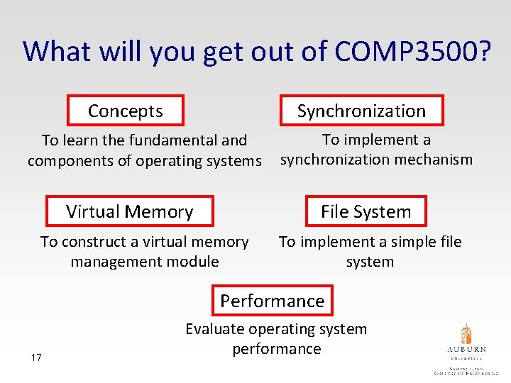 What will you get out of COMP 3500? Synchronization Concepts To learn the fundamental