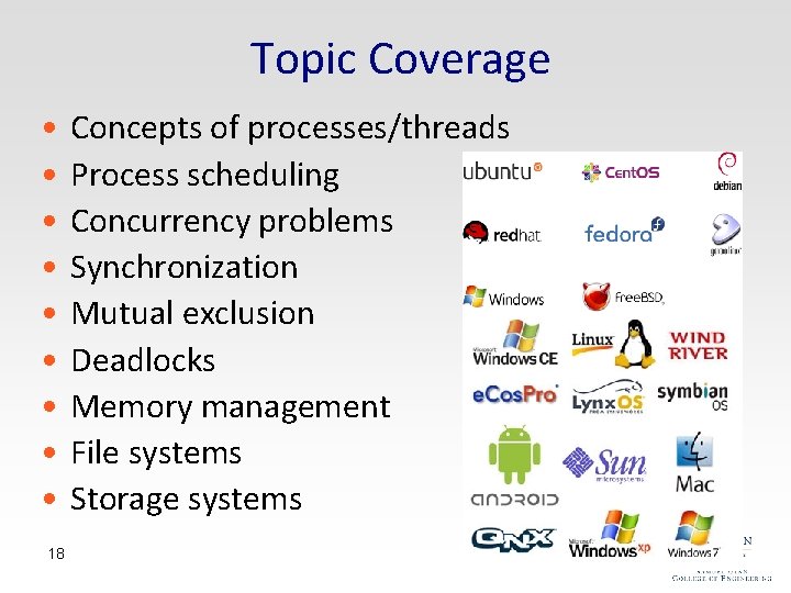 Topic Coverage • • • 18 Concepts of processes/threads Process scheduling Concurrency problems Synchronization