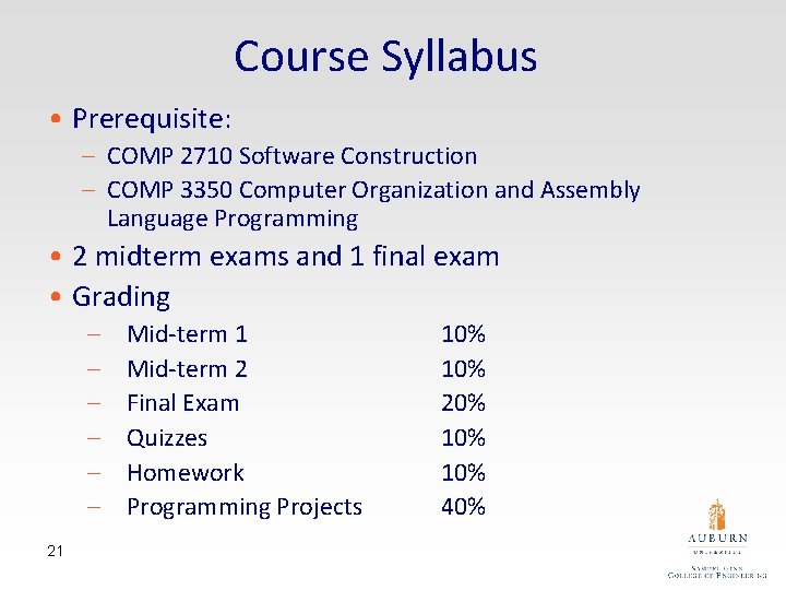 Course Syllabus • Prerequisite: – COMP 2710 Software Construction – COMP 3350 Computer Organization