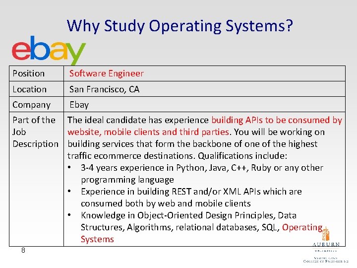 Why Study Operating Systems? Position Software Engineer Location San Francisco, CA Company Ebay Part