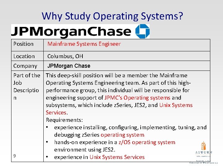Why Study Operating Systems? Position Mainframe Systems Engineer Location Columbus, OH Company JPMorgan Chase