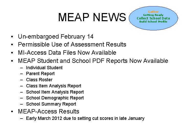 MEAP NEWS • • Gather Getting Ready Collect School Data Build School Profile Un-embargoed