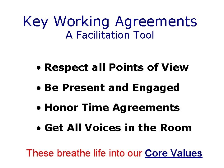 Key Working Agreements A Facilitation Tool • Respect all Points of View • Be