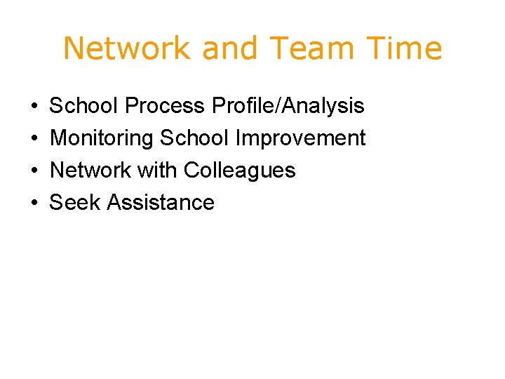 Network and Team Time • • School Process Profile/Analysis Monitoring School Improvement Network with