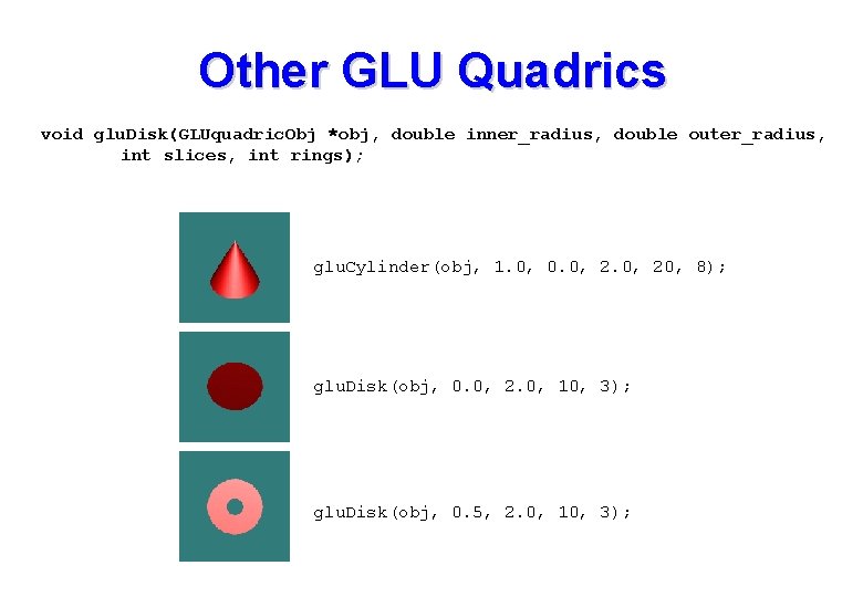 Other GLU Quadrics void glu. Disk(GLUquadric. Obj *obj, double inner_radius, double outer_radius, int slices, Other GLU Quadrics void glu. Disk(GLUquadric. Obj *obj, double inner_radius, double outer_radius, int slices,