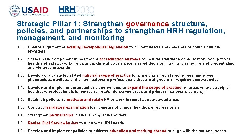 Strategic Pillar 1: Strengthen governance structure, policies, and partnerships to strengthen HRH regulation, management,