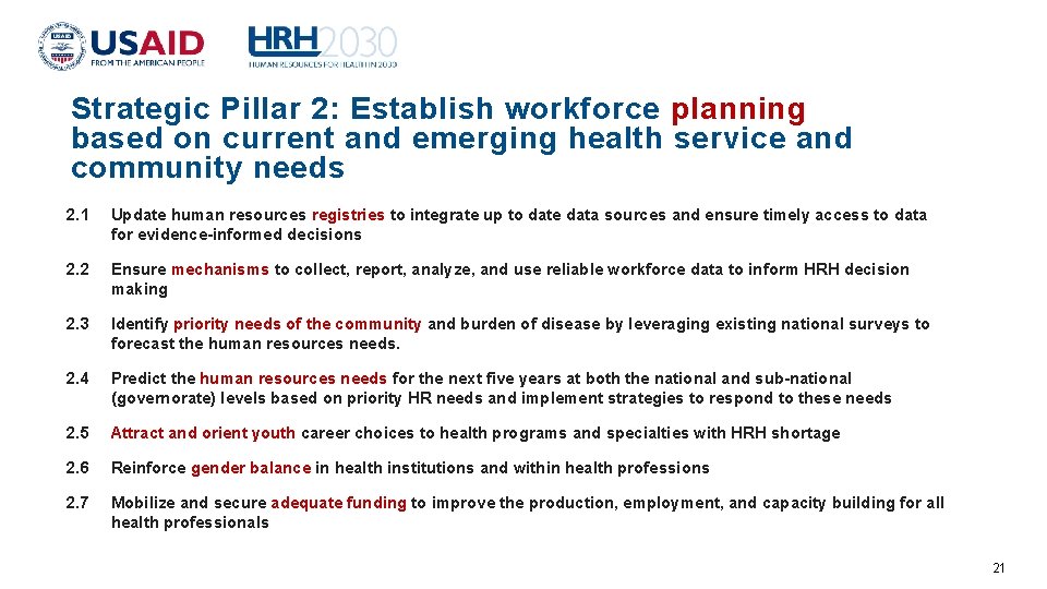 Strategic Pillar 2: Establish workforce planning based on current and emerging health service and