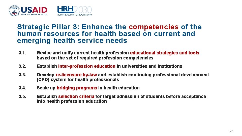 Strategic Pillar 3: Enhance the competencies of the human resources for health based on