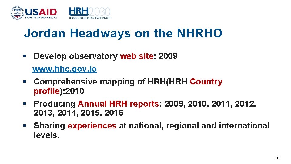 Jordan Headways on the NHRHO Develop observatory web site: 2009 www. hhc. gov. jo