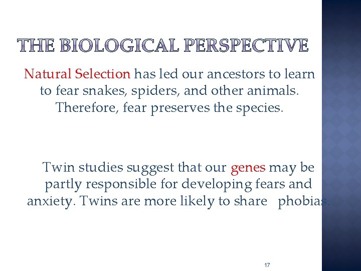 Natural Selection has led our ancestors to learn to fear snakes, spiders, and other
