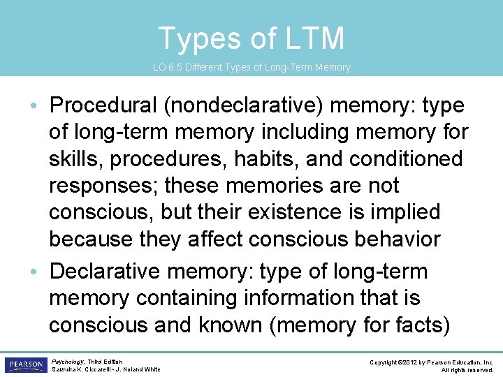 Types of LTM LO 6. 5 Different Types of Long-Term Memory • Procedural (nondeclarative)