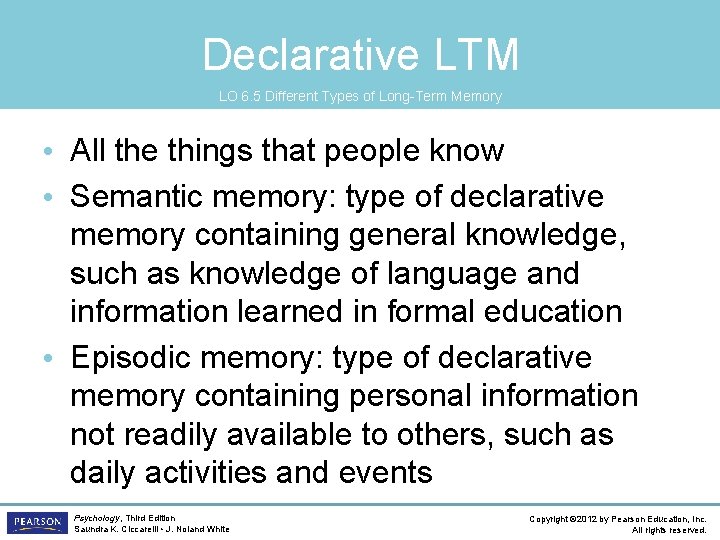Declarative LTM LO 6. 5 Different Types of Long-Term Memory • All the things