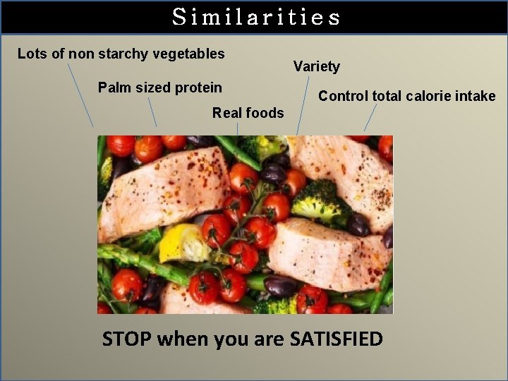 Similarities Lots of non starchy vegetables Palm sized protein Variety Control total calorie intake