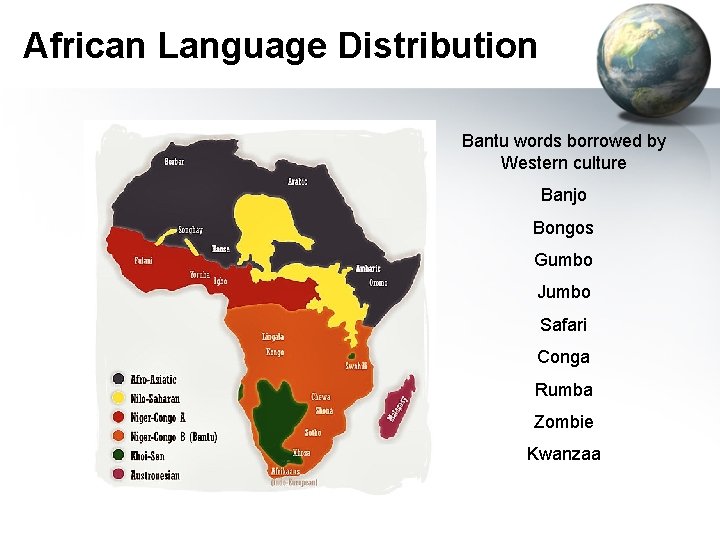 African Language Distribution Bantu words borrowed by Western culture Banjo Bongos Gumbo Jumbo Safari