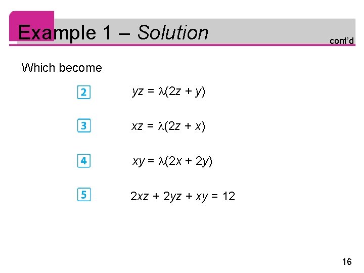 Example 1 – Solution cont’d Which become yz = (2 z + y) xz