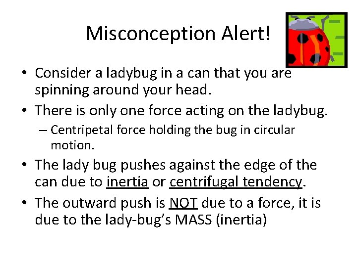 Misconception Alert! • Consider a ladybug in a can that you are spinning around