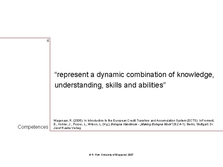 4 “represent a dynamic combination of knowledge, understanding, skills and abilities” Competences Wagenaar, R.