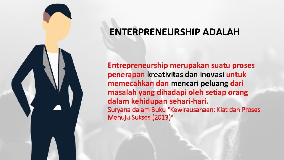 ENTERPRENEURSHIP ADALAH Entrepreneurship merupakan suatu proses penerapan kreativitas dan inovasi untuk memecahkan dan mencari