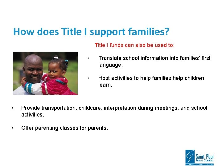 How does Title I support families? Title I funds can also be used to: