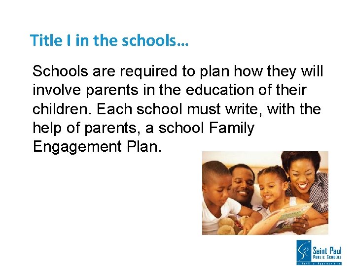 Title I in the schools… Schools are required to plan how they will involve