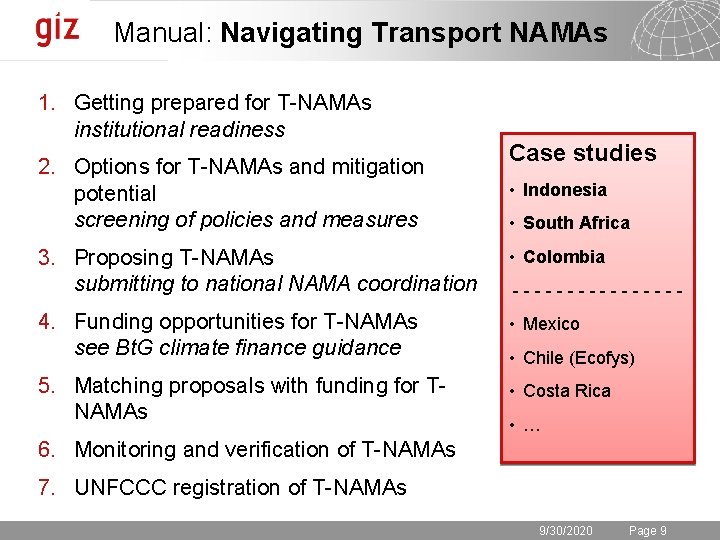 Manual: Navigating Transport NAMAs 1. Getting prepared for T-NAMAs institutional readiness 2. Options for Manual: Navigating Transport NAMAs 1. Getting prepared for T-NAMAs institutional readiness 2. Options for